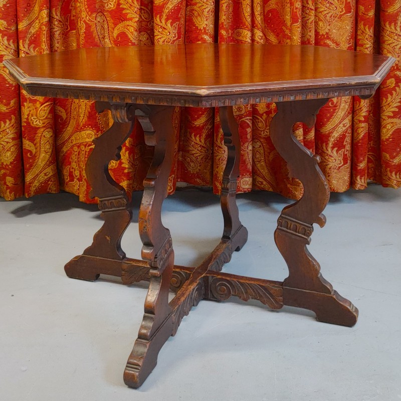Antique Octagon Wood Center Table Carved Walnut Jacobean Renaissance Card Game