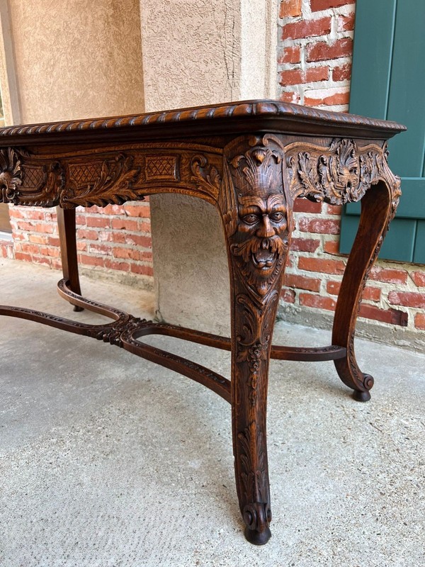 Antique French Center Library Table Louis XV Carved Oak Rococo Parquetry c1890 gallery