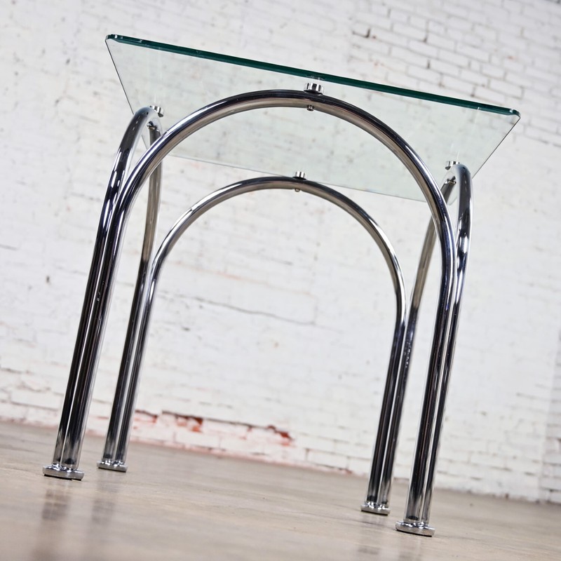 Bauhaus Style Arched Chrome Tube Base Square Beveled Glass Top End or Side Table gallery