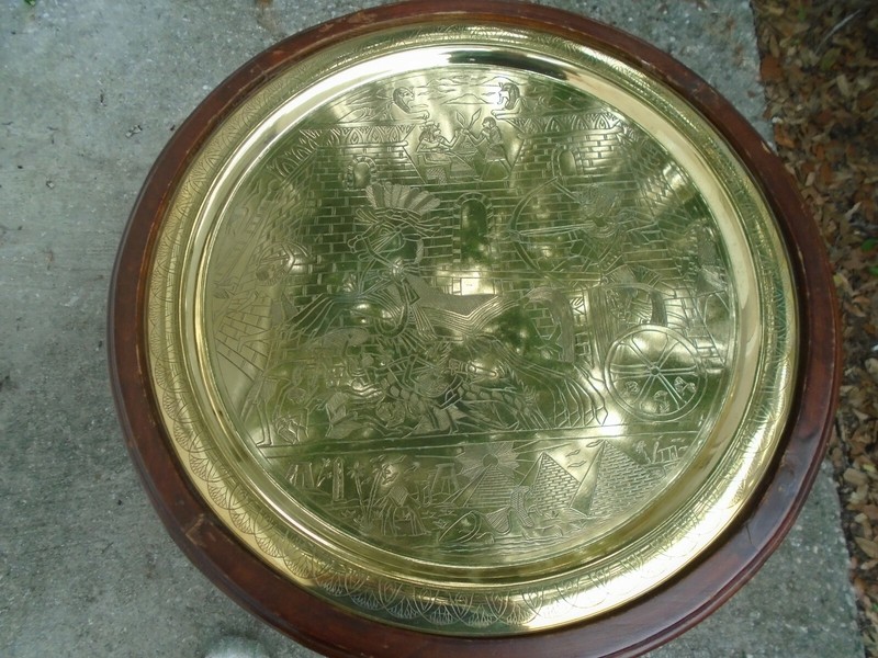 Vintage Wood Brass Moroccan Style Table Tray Etched Detail Egypt Pyramids Sphinx gallery