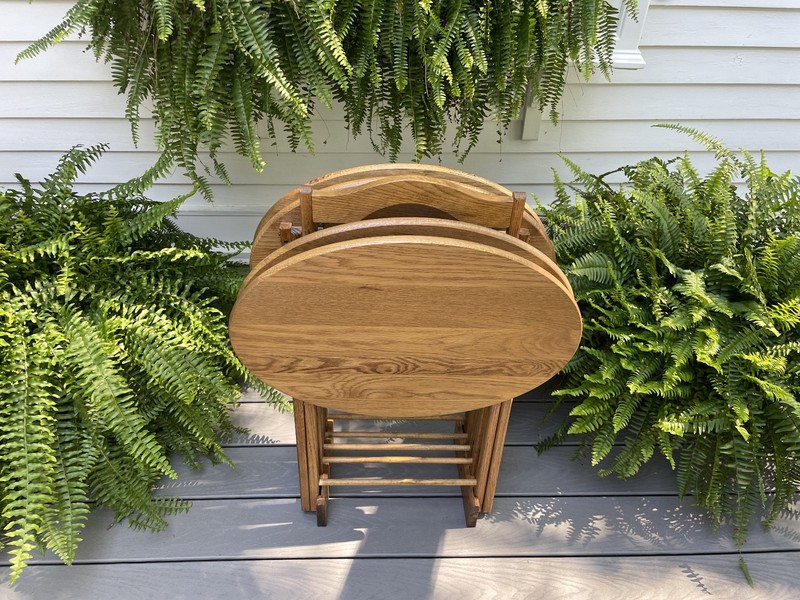 VTG 4 OAK WOOD OVAL FOLDING TV TRAY TABLE RACK STAND SET USE END SIDE NIGHTSTAND gallery