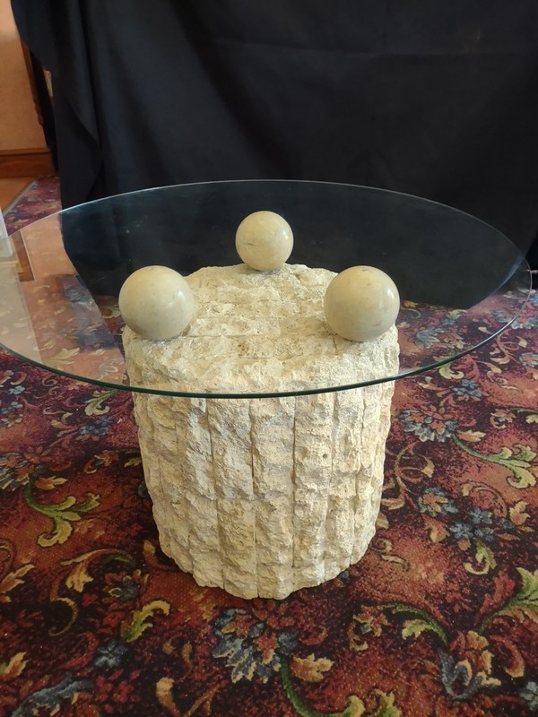 1980’s PostModern Tessellated Mactan Table Stone Magnussen Ponte plant stand gallery