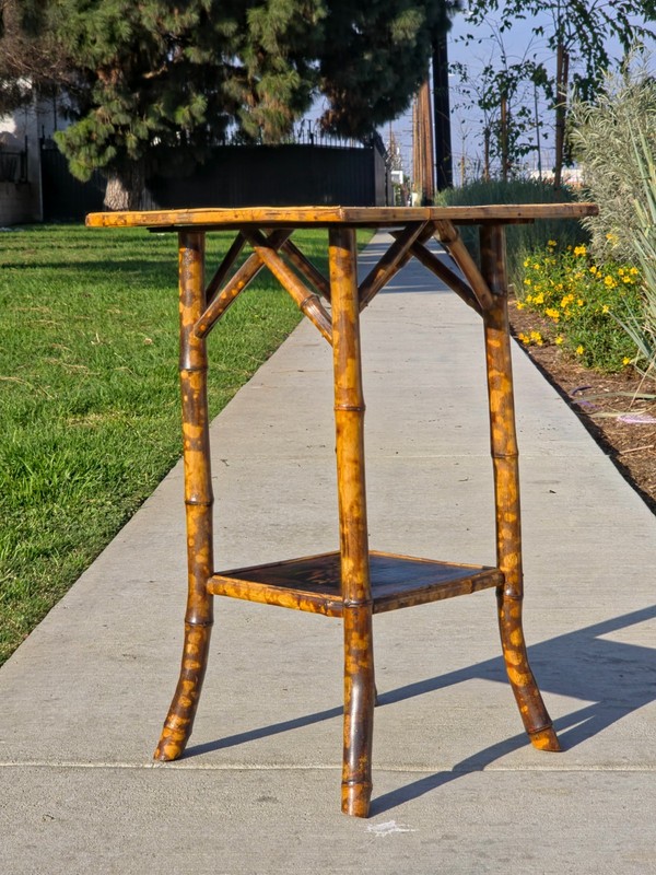 Rare Antique Chinoiserie Bamboo Table | Hand-Painted Lacquer Panels, c.1900 gallery