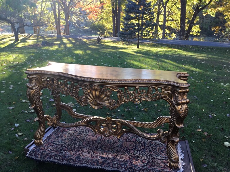RARE ANTIQUE STYLE GOLD FLORENTINE CONSOLE TABLE WITH GOLDEN COVER gallery