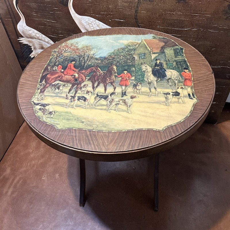 Vintage Walnut Folding Table by Bridge Tables&Novelties,Lowell Mass w/Hunt Scene