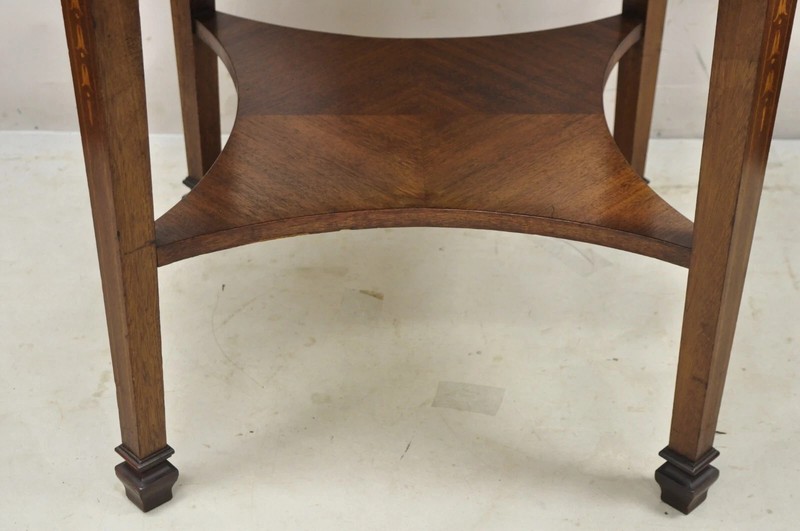 Antique English Edwardian Mahogany Bellflower Inlay Round Occasional Side Table gallery