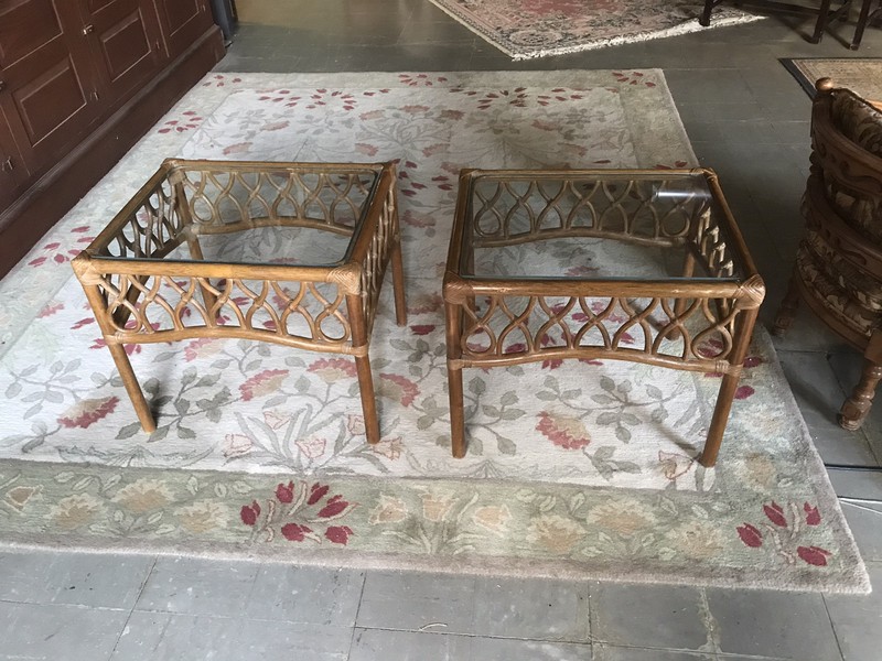 VTG BAMBOO END SIDE TABLE W/GLASS 2 AVAILABLE 20” TALL X 24 X 20” MCM BOHO gallery