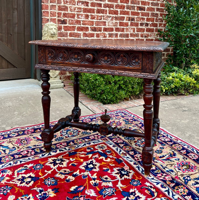 Antique French Desk Writing Table Nightstand PETITE Drawer Carved Oak c. 1900