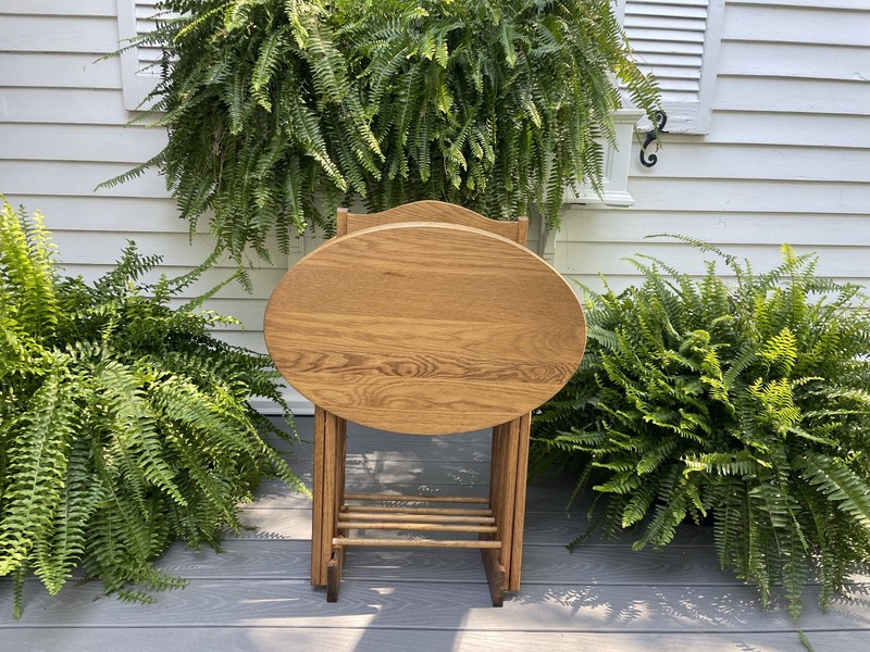 VTG 4 OAK WOOD OVAL FOLDING TV TRAY TABLE RACK STAND SET USE END SIDE NIGHTSTAND gallery