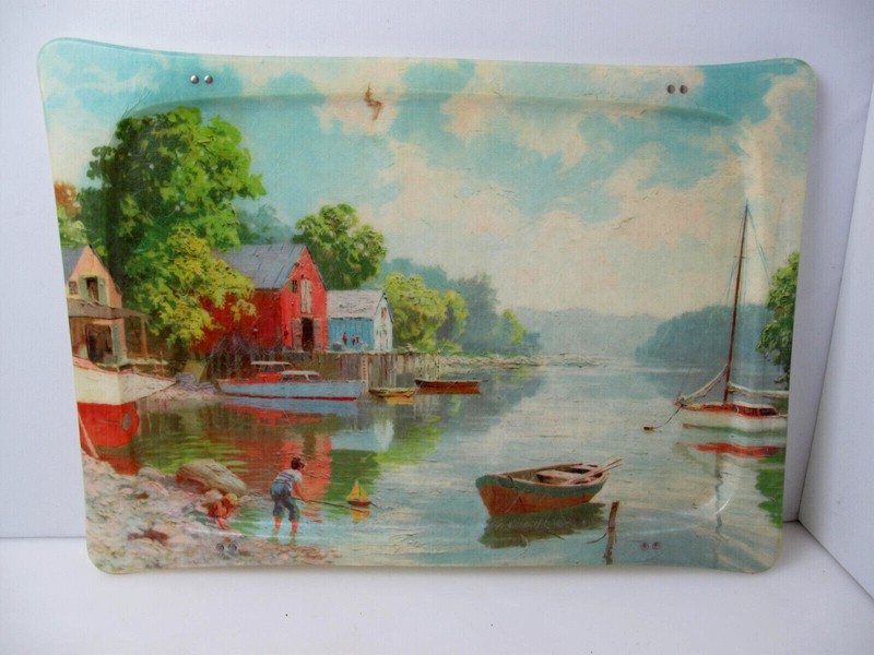 Quaker Industries vintage snack table fiberglass barn country scene tray restor