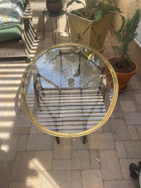 Mid Century Faux Brown Lacquer Bamboo Base Brass Tray Thick Glass Coffee Table gallery