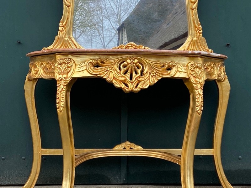 Console with Mirror Set Louis XVI Style Gold Leaf Pink Marble Vintage gallery