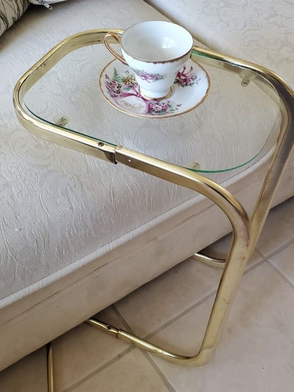 Milo Baughman Style Brass and Glass Cantilever Side End Tables, Pair gallery