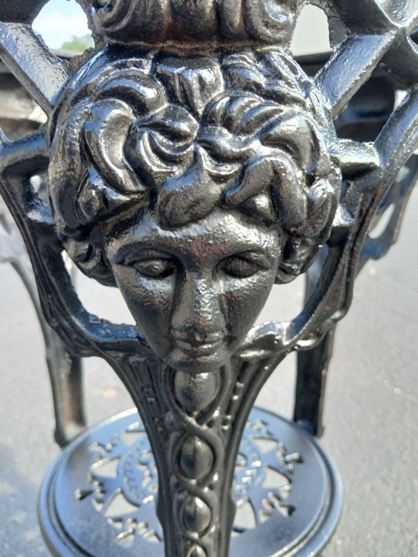 English Victorian Cast Iron Pub Table w/ Cherubs + Round Marble Top w/ 2 Chairs