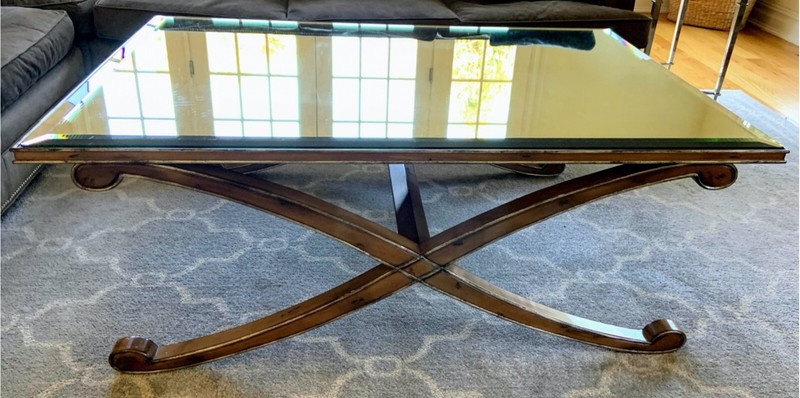 Gorgeous Large Gilt Edged Wood Coffee Table With Antiqued Mirror Top