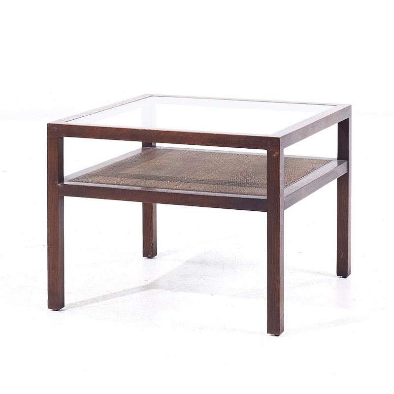 Founders Style Mid Century Oak, Cane and Glass End Tables - Pair gallery