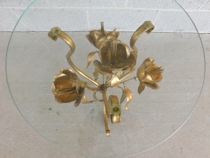Italian Regency Gilt Gold Metal Base Round Glass Top Accent Table gallery