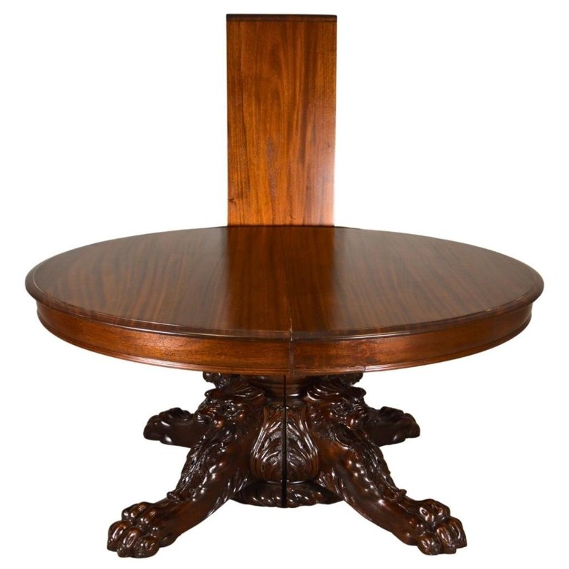 60” Round Mahogany Banquet Table w Heavily Carved Base – Monumental 1890s #22017