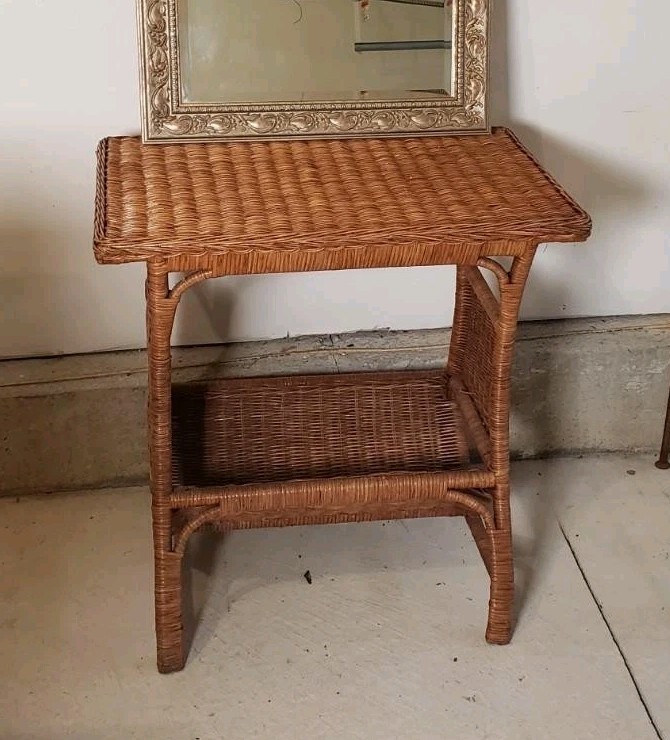 Vintage Wicker Rattan & Wood End Table Magazine Rack Book Shelf 24"x15"x24" MINT gallery