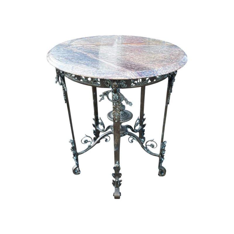 Antique French Louis XIV Style Bronze & Marble Round End Table