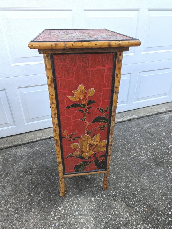 Vintage Edwardian Bamboo Stand Table Accent Display Bar Cabinet Red Floral RARE gallery