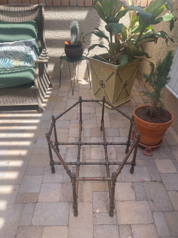 Mid Century Faux Brown Lacquer Bamboo Base Brass Tray Thick Glass Coffee Table gallery