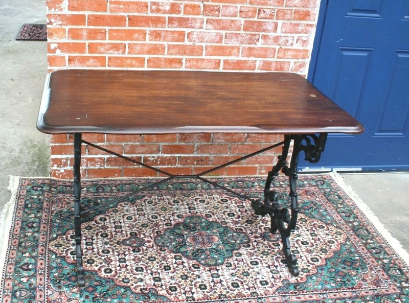 English Antique Cast Iron Base & Solid Oak Top Table / desk