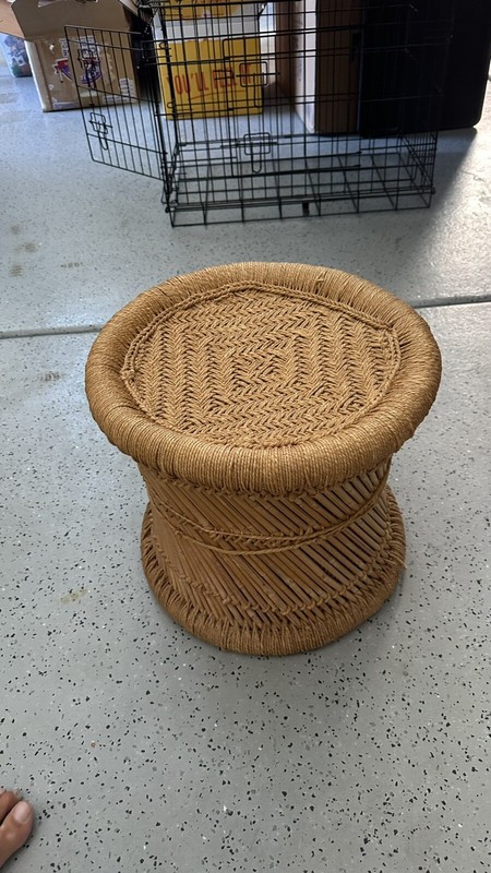 Vintage Table Ottoman Stool Pouffe Cane Rattan Wicker Woven Boho Mid Century 17” gallery
