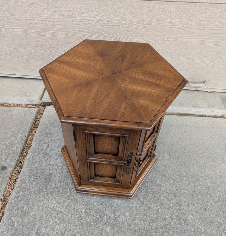 Vintage Hekman Rustic Spanish Colonial Drum Storage Cabinet Hexagon Table Doors gallery