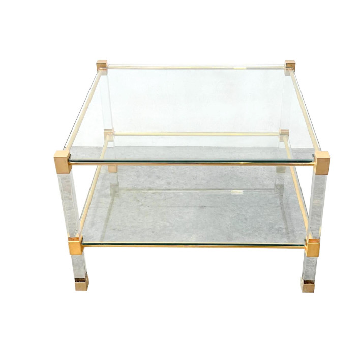 Mid-Century Lucite Brass and Glass Two-Tier Coffee Table – Square Vintage MCM gallery