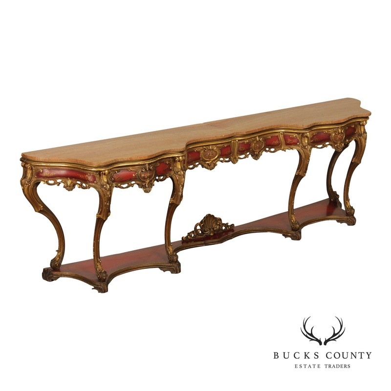 Italian Rococo Style Long Marble Top Console Table
