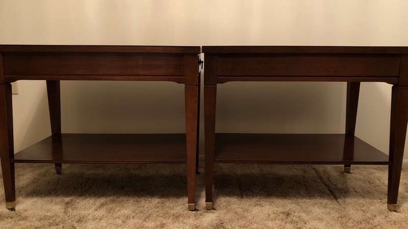 Mid Century (60’s) Federal Style MERSMAN Mahogany Side Tables On Brass Casters gallery