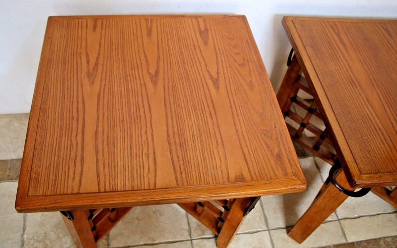 Rustic Western Retro Pair Oak Veneer End Tables Night Stands Horse shoe theme gallery