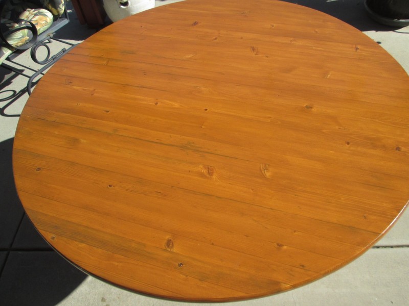 Vintage table scrolled wrought iron base w/round wood top dinning patio table gallery