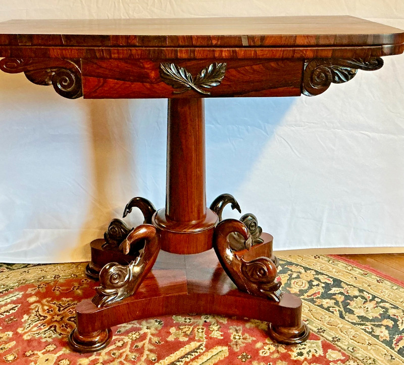 William IV Period Rosewood Game Table with Carved Dolphins Scrolls ca 1830 RARE gallery