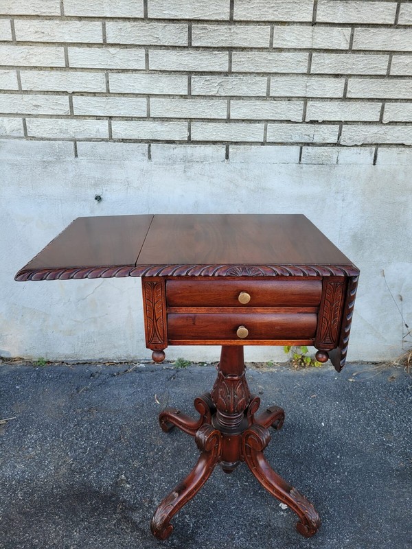 19 th century American Federal solid mahogany side/End table with 2 drawers gallery