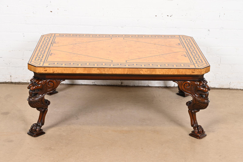 Baker Furniture Neoclassical Cocktail Table With Burl Wood Greek Key Top gallery