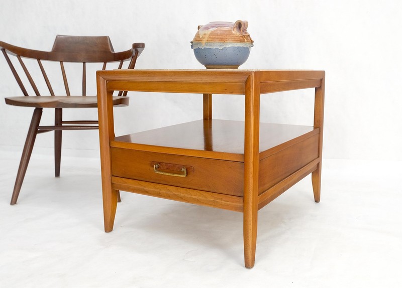 Drexel Travertine Top Walnut Base Rectangle One Drawer Side End Table Stand MINT gallery