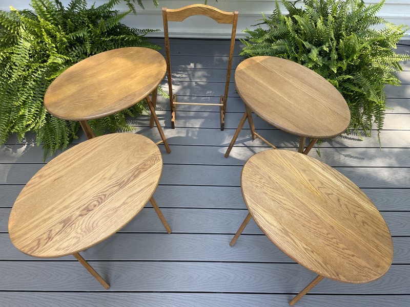 VTG 4 OAK WOOD OVAL FOLDING TV TRAY TABLE RACK STAND SET USE END SIDE NIGHTSTAND gallery