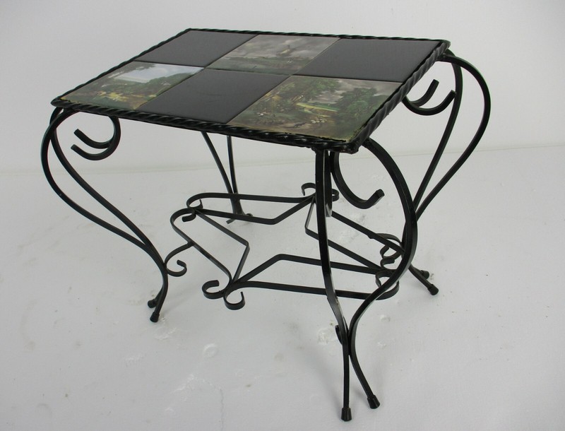 Vintage Side Table Plant stand Ceramic Tiles Wrought Iron Legs Farmlife scenes gallery