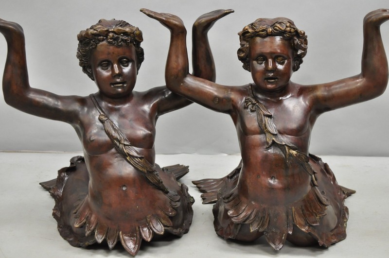 Vintage French Neoclassical Figural Bronze Merman Mermaid Glass Top Coffee Table gallery