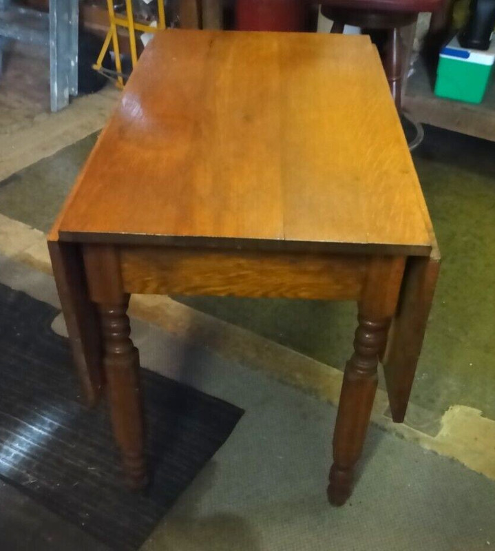 Antique OAK WOOD DROP LEAF TABLE CAST IRON HINGE LEAF SUPPORTS VG READ gallery