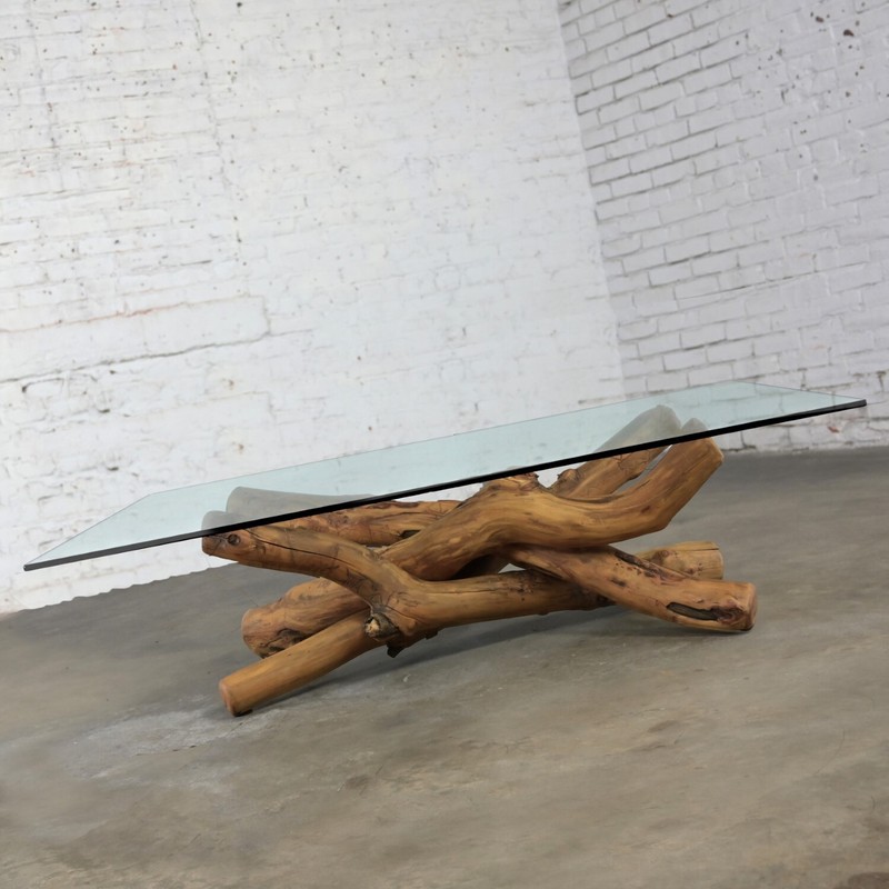 1990’s Coffee Cocktail Table Natural Rustic Twisted Tree Limb Base & Glass Top