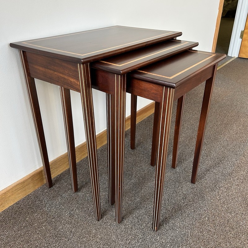 Vintage Solid Mahogany Inlaid Nesting Tables, Quality! Set Of 3 gallery