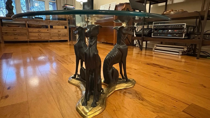 Maitland Smith Bronze Greyhound/Whippet Round Glass Top Coffee Table