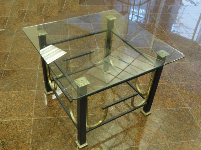 Mid Century Modern Ebonized & Gilt Steel (Iron) Coffee Side Table w/ Glass Top