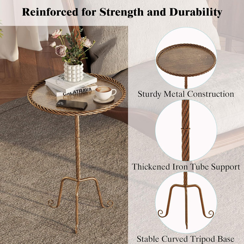 Vintage Bronze round Metal Side Table with Raised Rim, Twisted Pedestal and Curv gallery