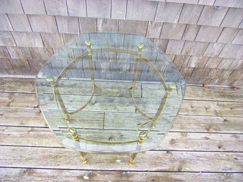 Hollywood Regency Labarge Queen Anne Hexagon Brass Glass Side End Table H1 gallery