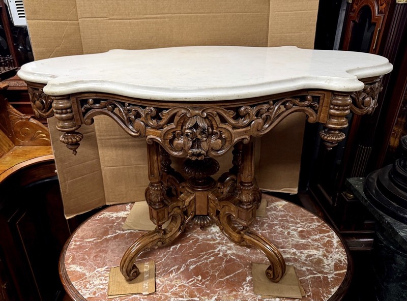 J. & J. W. MEEKS LAMINATED PIERCED CARVED ROSEWOOD MARBLE TOP TABLE