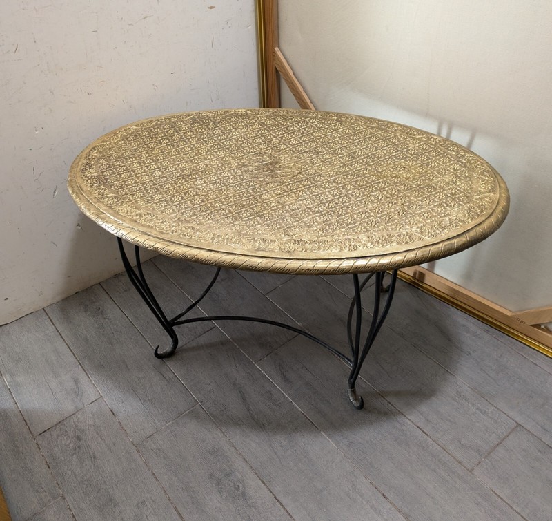 Vintage Moroccan Asian Oriental Style Embossed Brass Tin Wrought Iron Table gallery